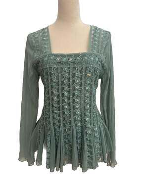 Whimsical boho Sage Green Sequined Floral Embroidered Mesh Peplum Top